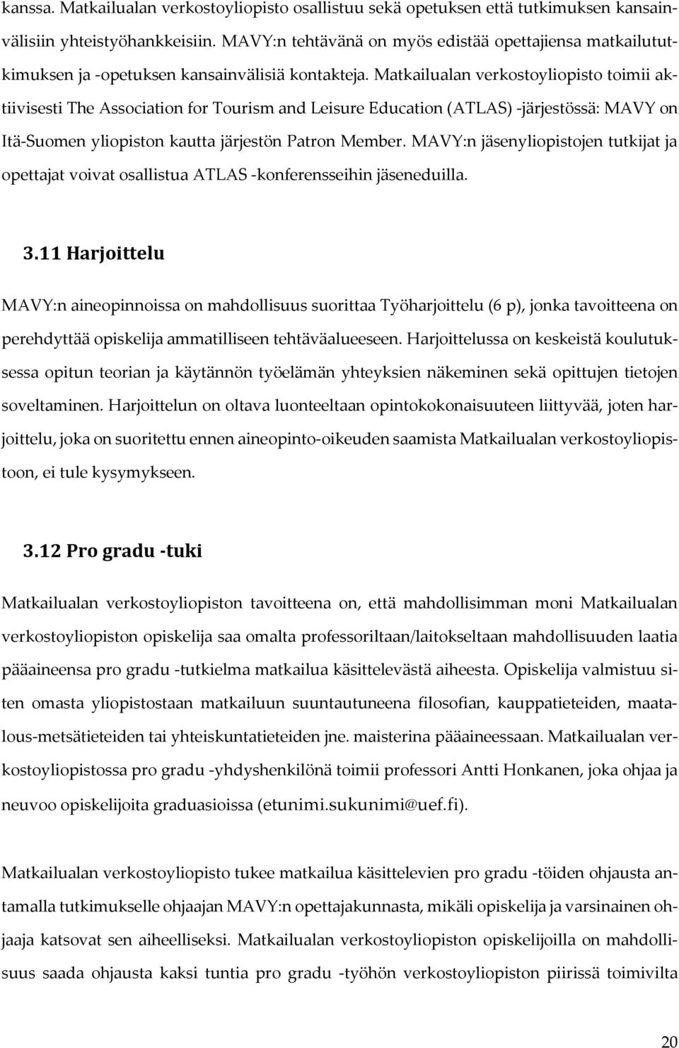 Matkailualan verkostoyliopisto toimii aktiivisesti The Association for Tourism and Leisure Education (ATLAS) -järjestössä: MAVY on Itä-Suomen yliopiston kautta järjestön Patron Member.