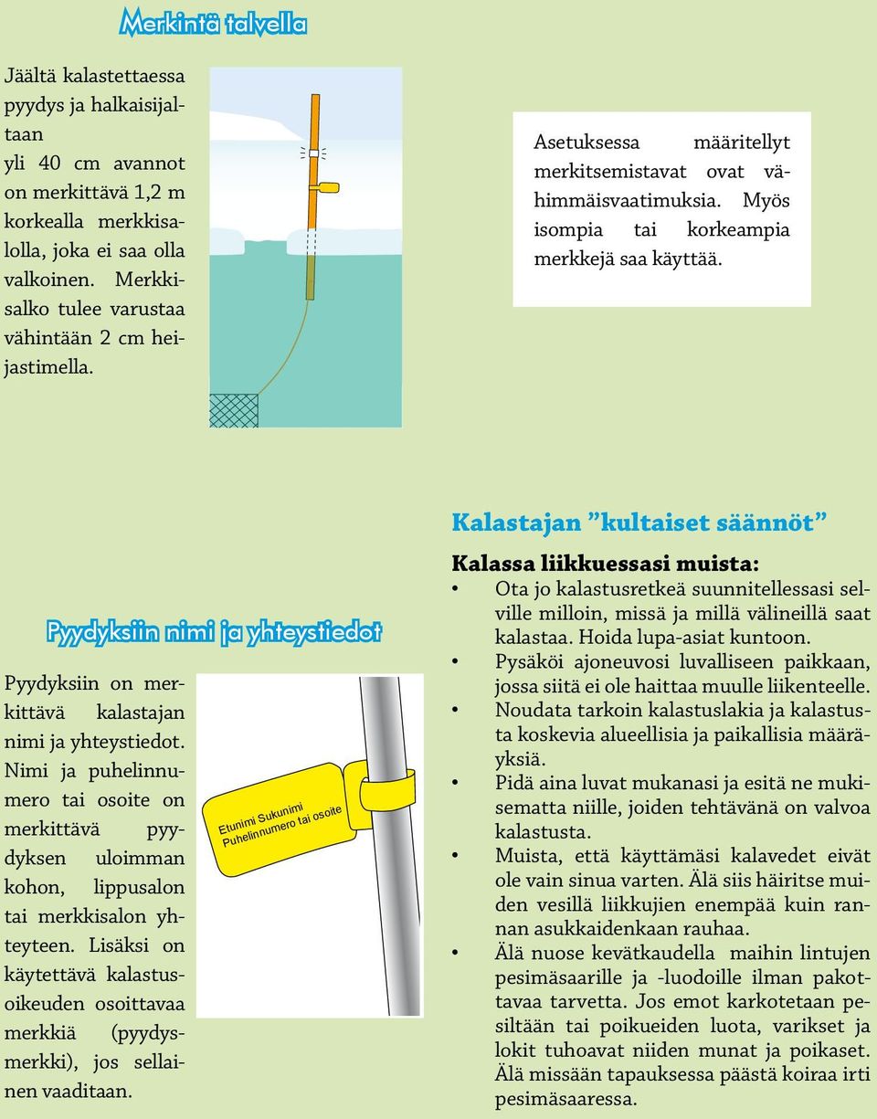 Stången ska också förses med en 2 cm hög reflex. Vid fiske från is bör vakar över 40 cm märkas ut med en stång. Asetuksessa määritellyt merkitsemistavat ovat vähimmäisvaatimuksia.