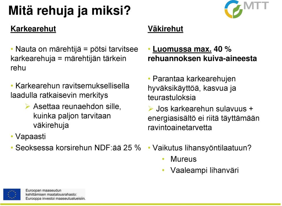 laadulla ratkaisevin merkitys Asettaa reunaehdon sille, kuinka paljon tarvitaan väkirehuja Vapaasti Seoksessa korsirehun NDF:ää 25 %