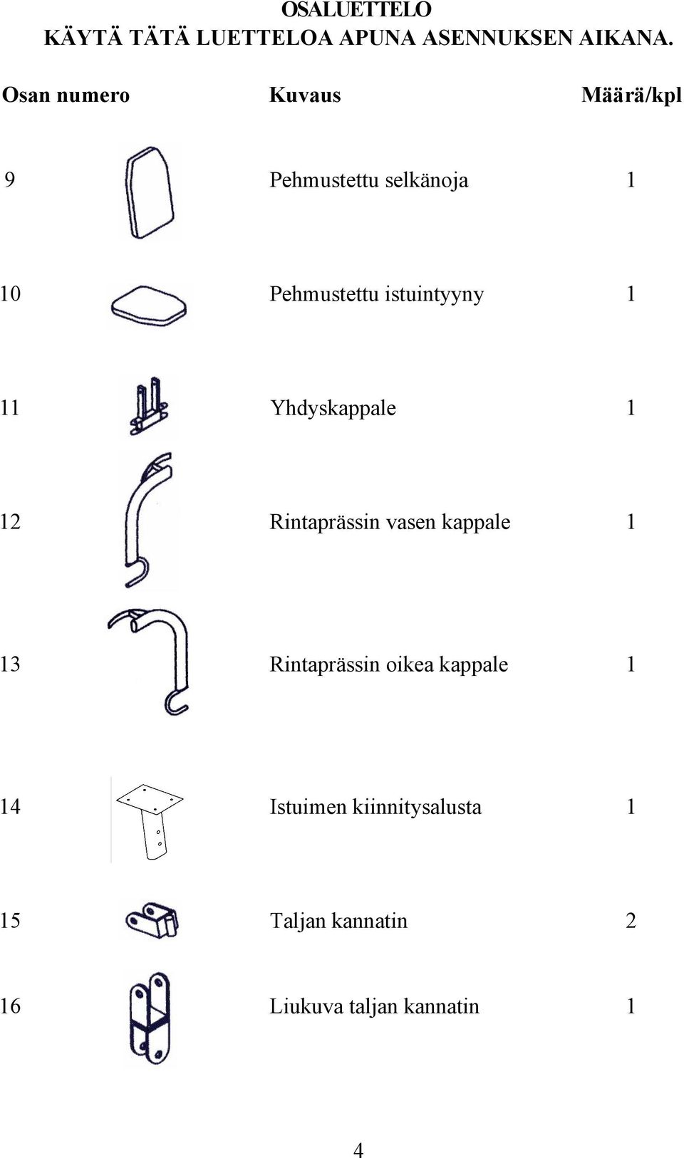 istuintyyny 1 11 Yhdyskappale 1 12 Rintaprässin vasen kappale 1 13