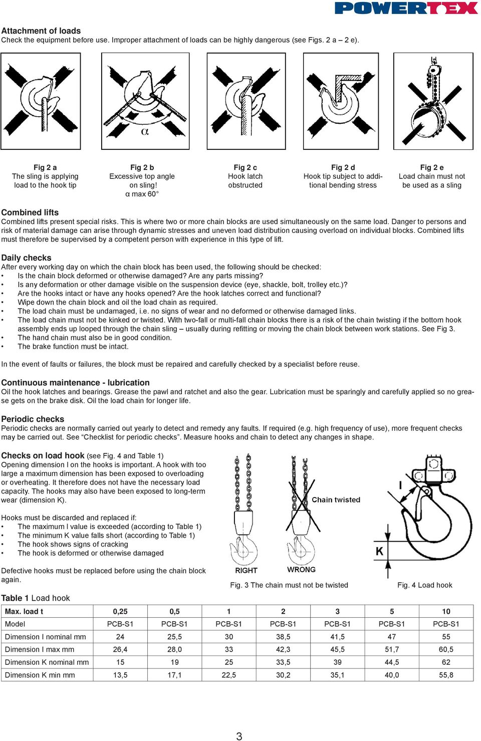 α max 60 Fig 2 c Hook latch obstructed Fig 2 d Hook tip subject to additional bending stress Fig 2 e Load chain must not be used as a sling Combined lifts Combined lifts present special risks.