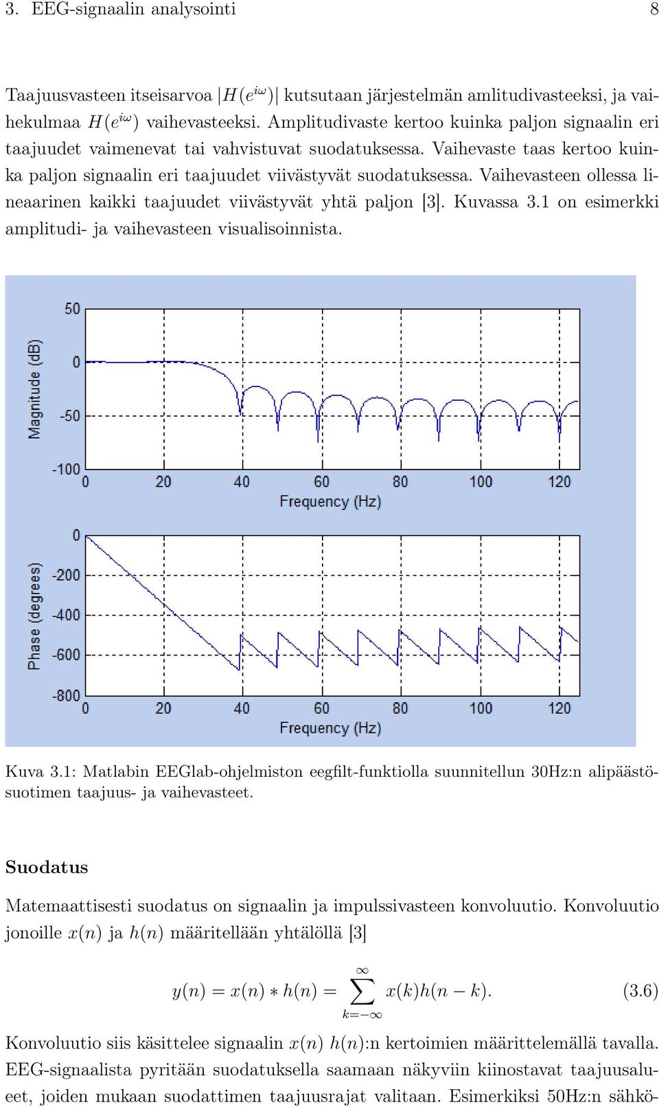 Vaihevasteen ollessa lineaarinen kaikki taajuudet viivästyvät yhtä paljon [3]. Kuvassa 3.1 on esimerkki amplitudi- ja vaihevasteen visualisoinnista. Kuva 3.