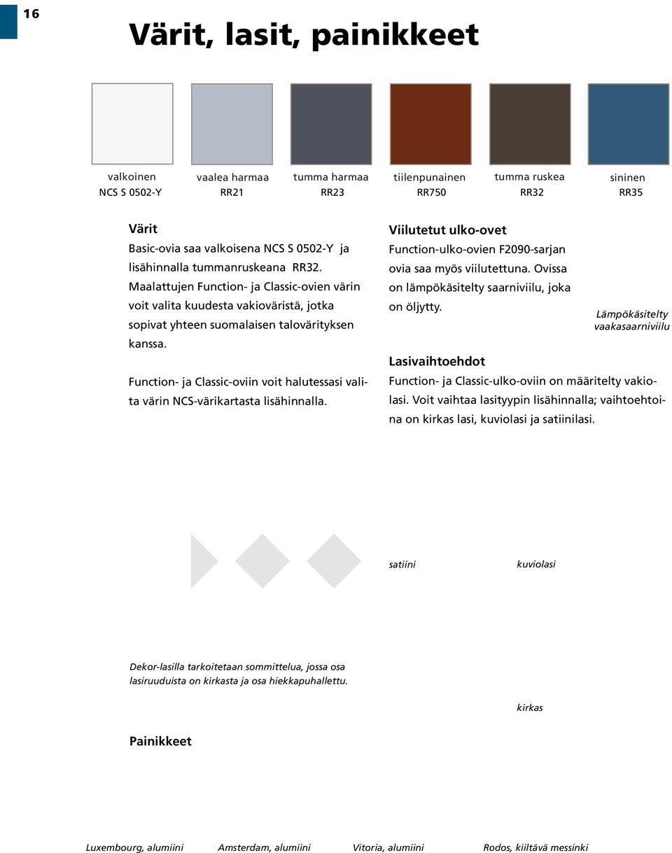 Function- ja Classic-oviin voit halutessasi valita värin NCS-värikartasta lisähinnalla. Viilutetut ulko-ovet Function-ulko-ovien F2090-sarjan ovia saa myös viilutettuna.