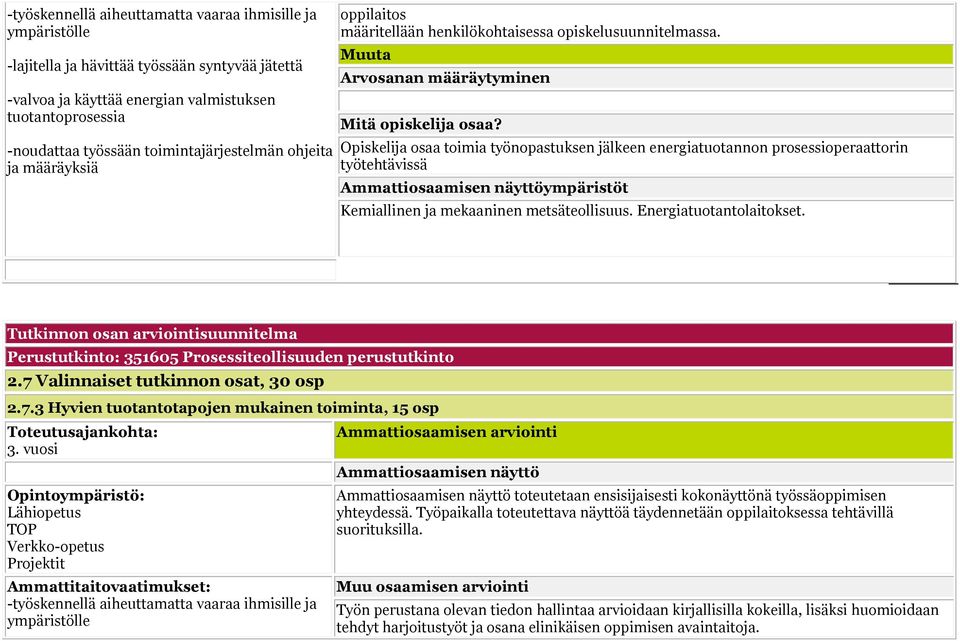 Opiskelija osaa toimia työnopastuksen jälkeen energiatuotannon prosessioperaattorin työtehtävissä Kemiallinen ja mekaaninen metsäteollisuus. Energiatuotantolaitokset.