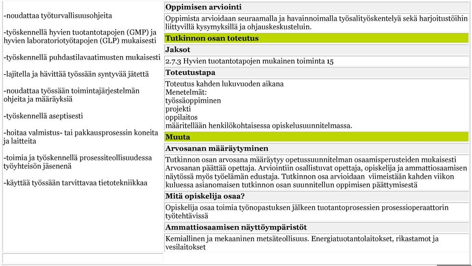 prosessiteollisuudessa työyhteisön jäsenenä -käyttää työssään tarvittavaa tietotekniikkaa Oppimista arvioidaan seuraamalla ja havainnoimalla työsalityöskentelyä sekä harjoitustöihin liittyvillä