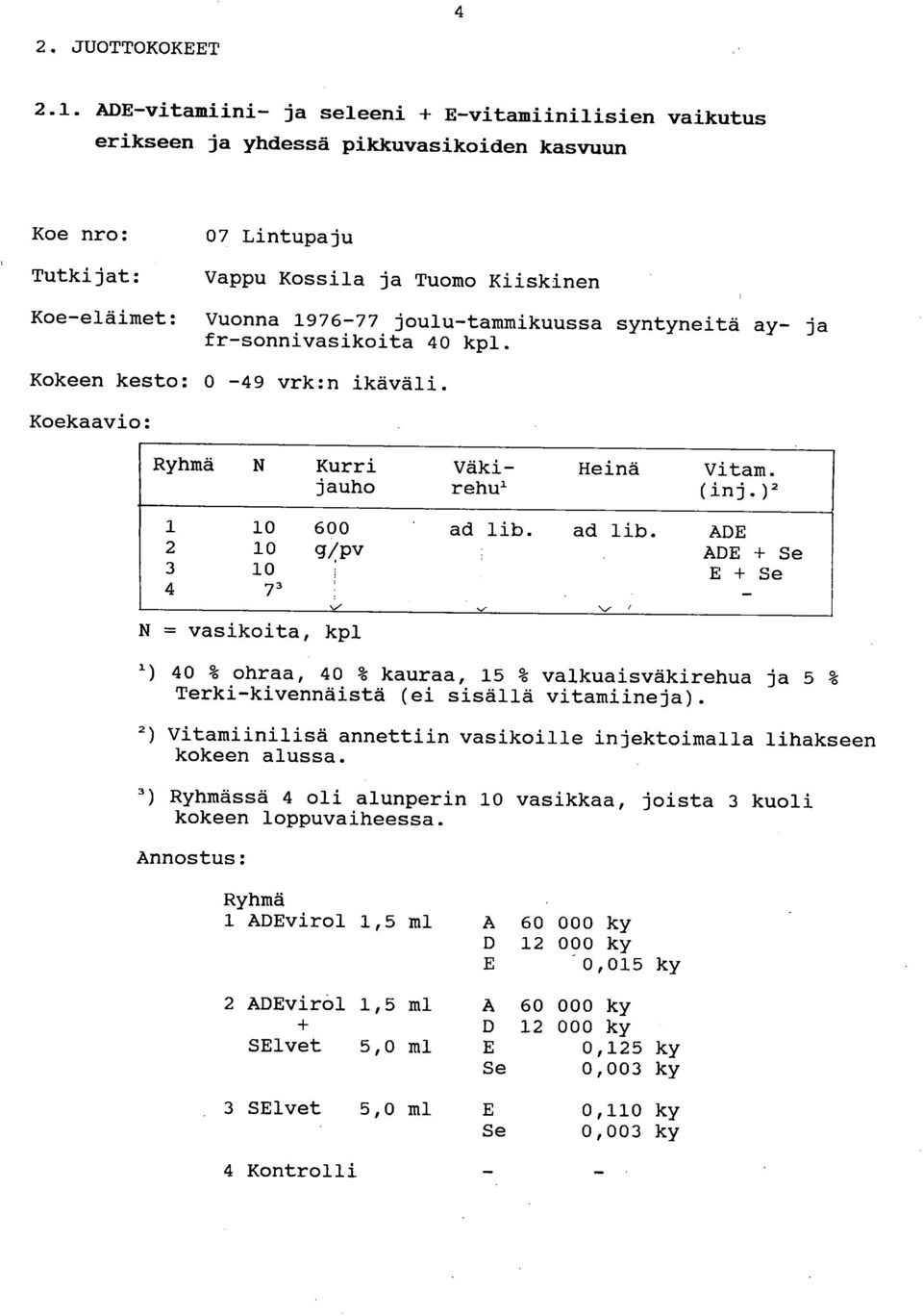 joulu-tammikuussa syntyneitä ay- ja fr-sonnivasikoita 40 kpl. Kokeen kesto: 0-49 vrk:n ikäväli. Koekaavio: Ryhmä N Kurri Väki - Heinä Vitam. jauho rehul (inj.)2 1 10 600 2 10 V. pv 3 10, 4 73 ad lib.