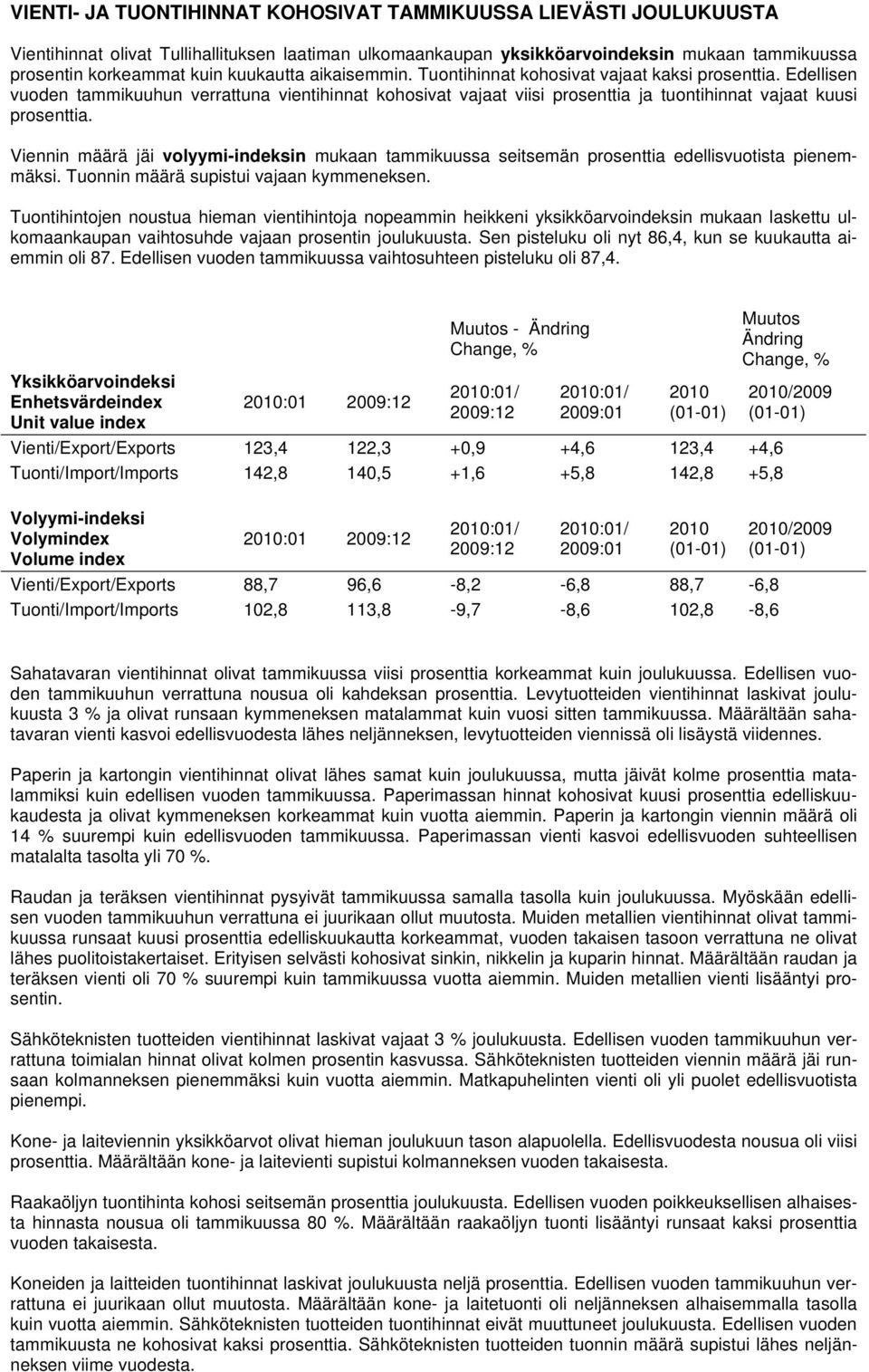 Viennin määrä jäi volyymi-indeksin mukaan tammikuussa seitsemän prosenttia edellisvuotista pienemmäksi. Tuonnin määrä supistui vajaan kymmeneksen.