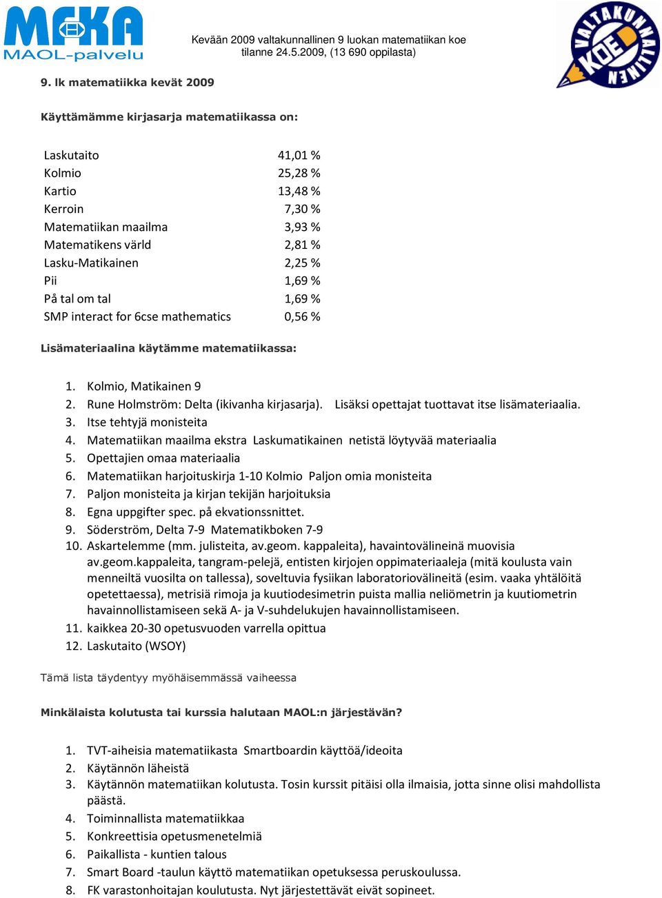 Lisäksi opettajat tuottavat itse lisämateriaalia.. Itse tehtyjä monisteita. Matematiikan maailma ekstra Laskumatikainen netistä löytyvää materiaalia 5. Opettajien omaa materiaalia 6.