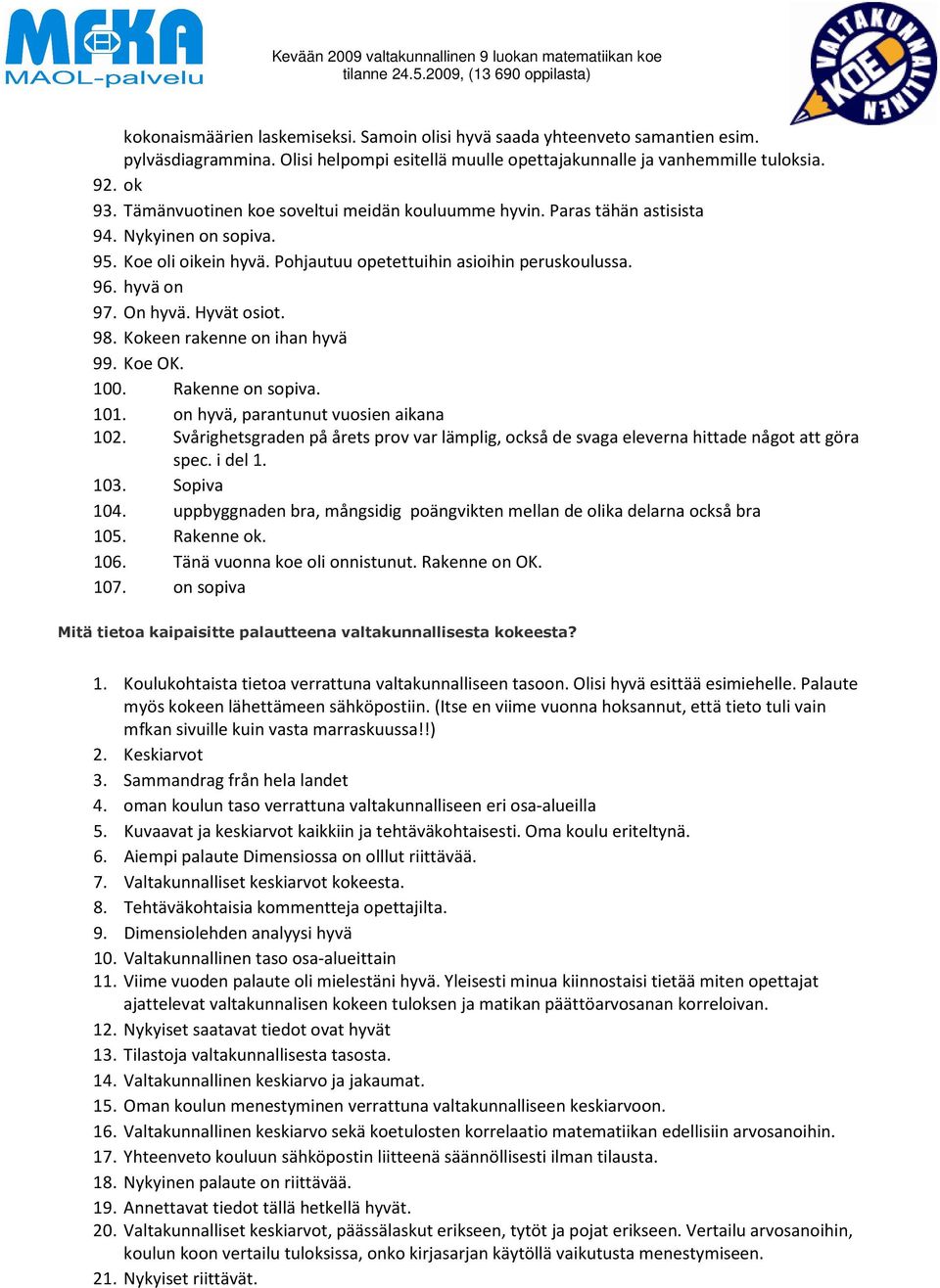 Hyvät osiot. 98. Kokeen rakenne on ihan hyvä 99. Koe OK. 100. Rakenne on sopiva. 101. on hyvä, parantunut vuosien aikana 10.