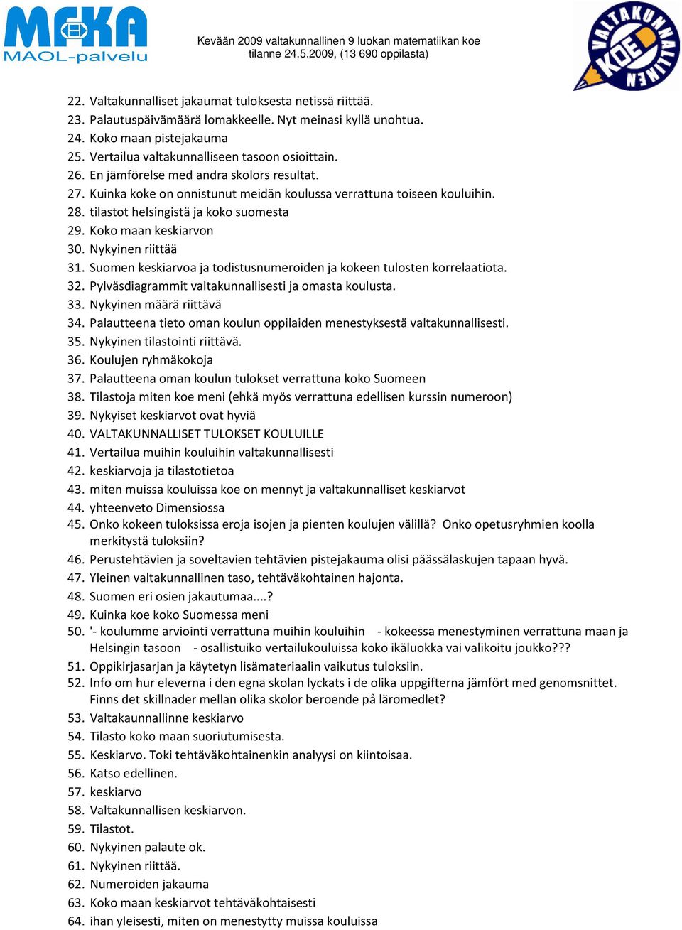 Nykyinen riittää 1. Suomen keskiarvoa ja todistusnumeroiden ja kokeen tulosten korrelaatiota.. Pylväsdiagrammit valtakunnallisesti ja omasta koulusta.. Nykyinen määrä riittävä.