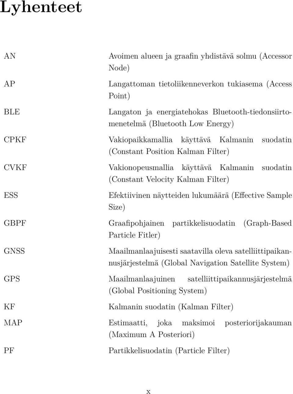 Efektiivinen näytteiden lukumäärä (Effective Sample Size) GBPF Graafipohjainen partikkelisuodatin (Graph-Based Particle Fitler) GNSS Maailmanlaajuisesti saatavilla oleva