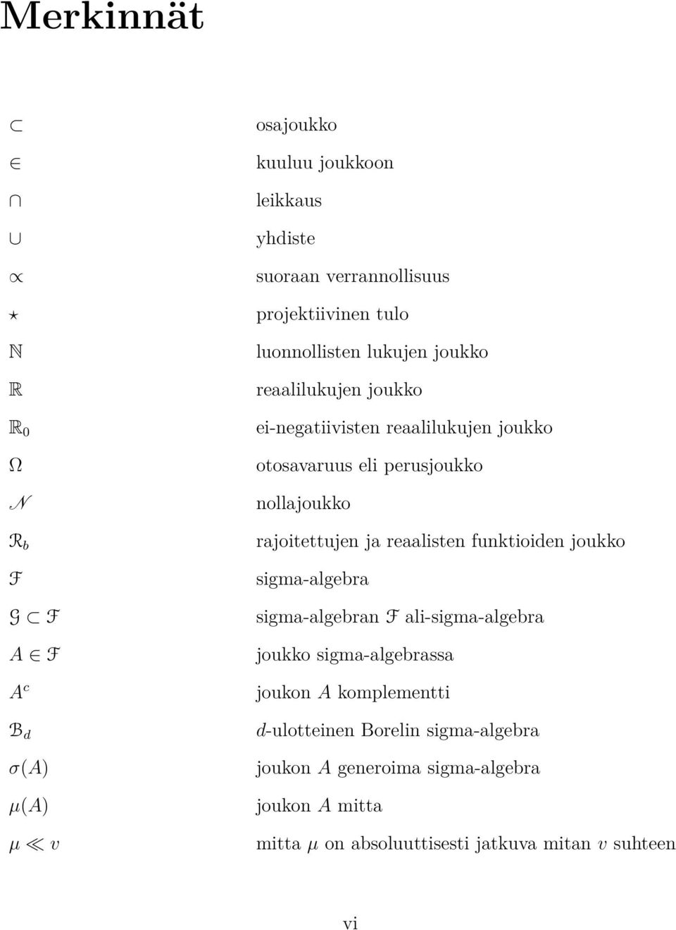 rajoitettujen ja reaalisten funktioiden joukko sigma-algebra sigma-algebran F ali-sigma-algebra joukko sigma-algebrassa joukon A