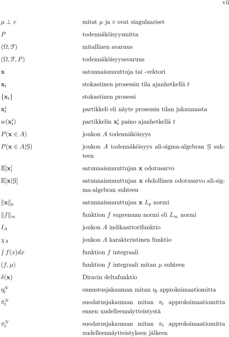 joukon A todennäköisyys joukon A todennäköisyys ali-sigma-algebran G suhteen satunnaismuuttujan x odotusarvo satunnaismuuttujan x ehdollinen odotusarvo ali-sigma-algebran suhteen satunnaismuuttujan x