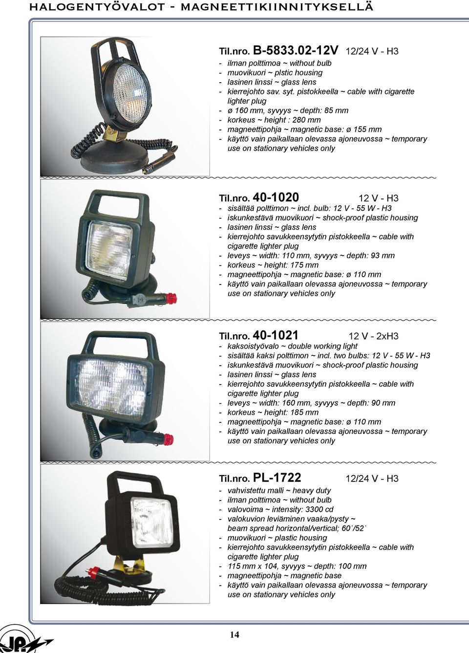 ~ temporary use on stationary vehicles only Til.nro. 40-1020 12 V - H3 - sisältää polttimon ~ incl.