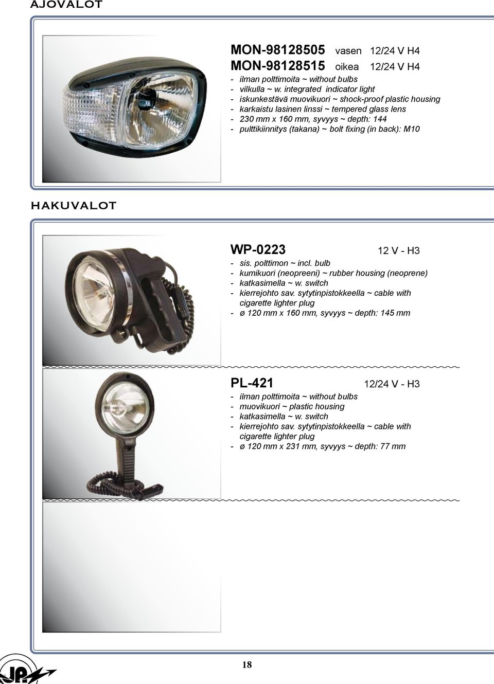 bolt fixing (in back): M10 hakuvalot wp-0223 12 V - h3 - sis. polttimon ~ incl. bulb - kumikuori (neopreeni) ~ rubber housing (neoprene) - katkasimella ~ w. switch - kierrejohto sav.