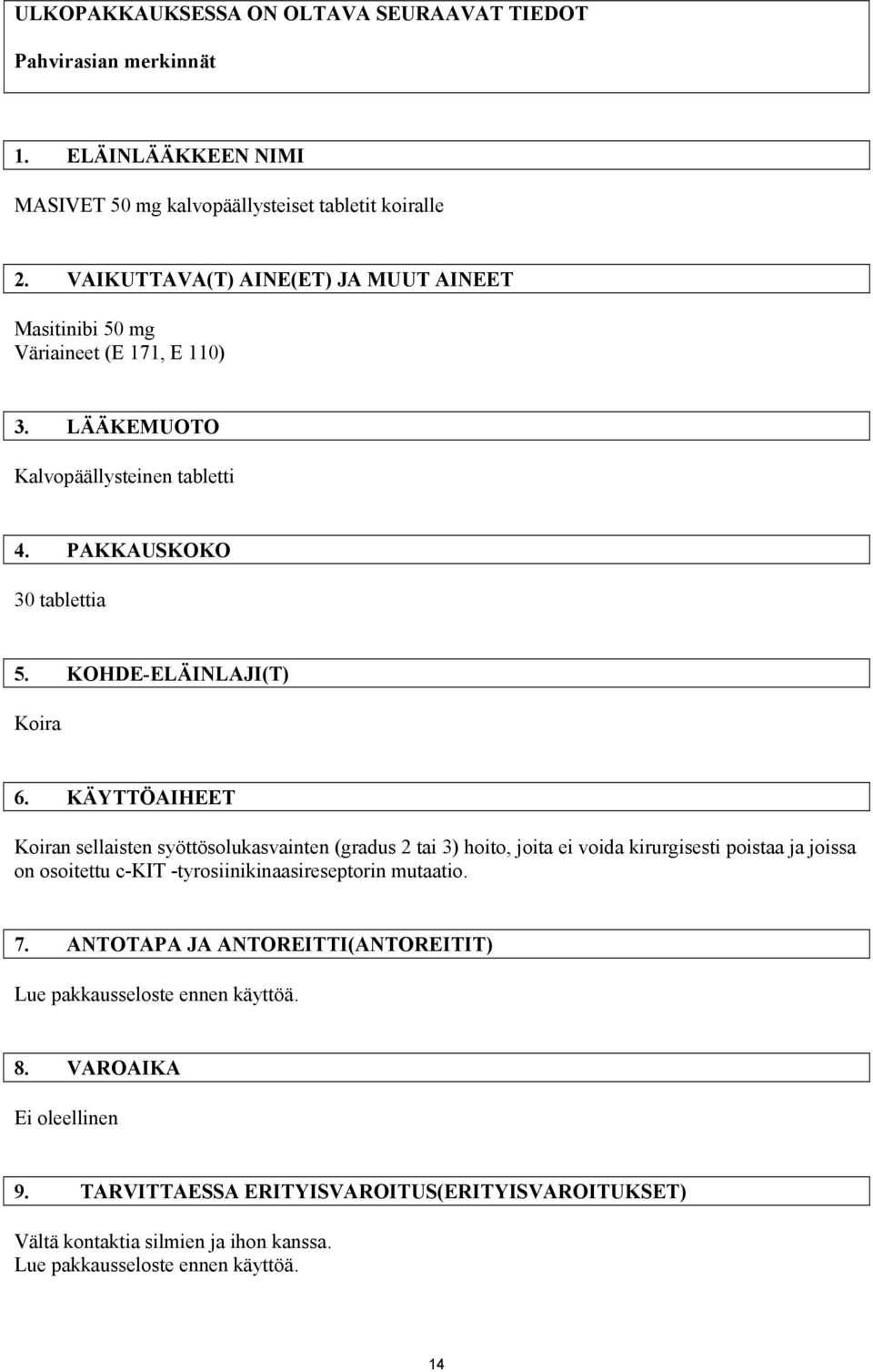 KÄYTTÖAIHEET Koiran sellaisten syöttösolukasvainten (gradus 2 tai 3) hoito, joita ei voida kirurgisesti poistaa ja joissa on osoitettu c-kit -tyrosiinikinaasireseptorin mutaatio. 7.