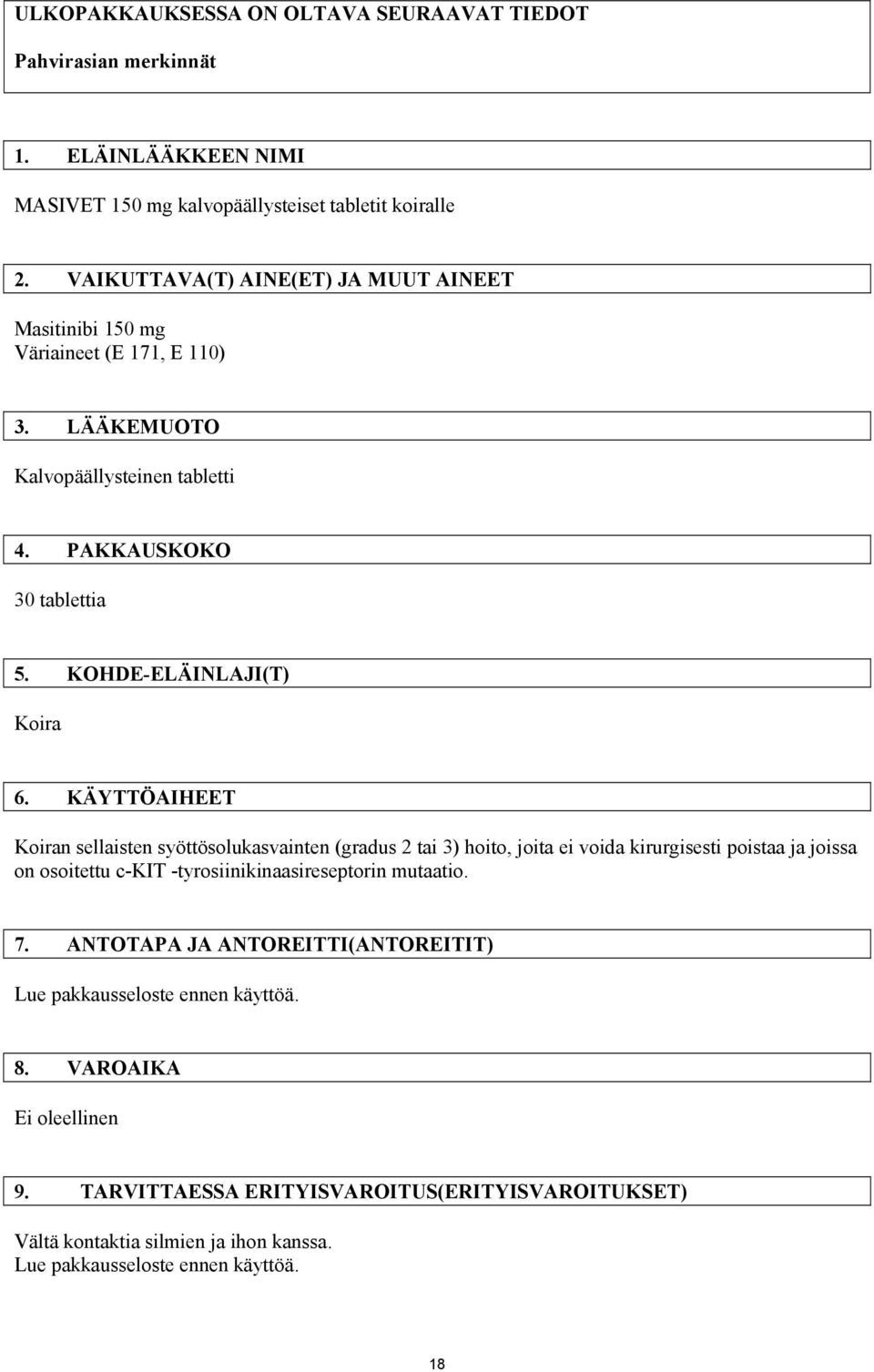 KÄYTTÖAIHEET Koiran sellaisten syöttösolukasvainten (gradus 2 tai 3) hoito, joita ei voida kirurgisesti poistaa ja joissa on osoitettu c-kit -tyrosiinikinaasireseptorin mutaatio. 7.