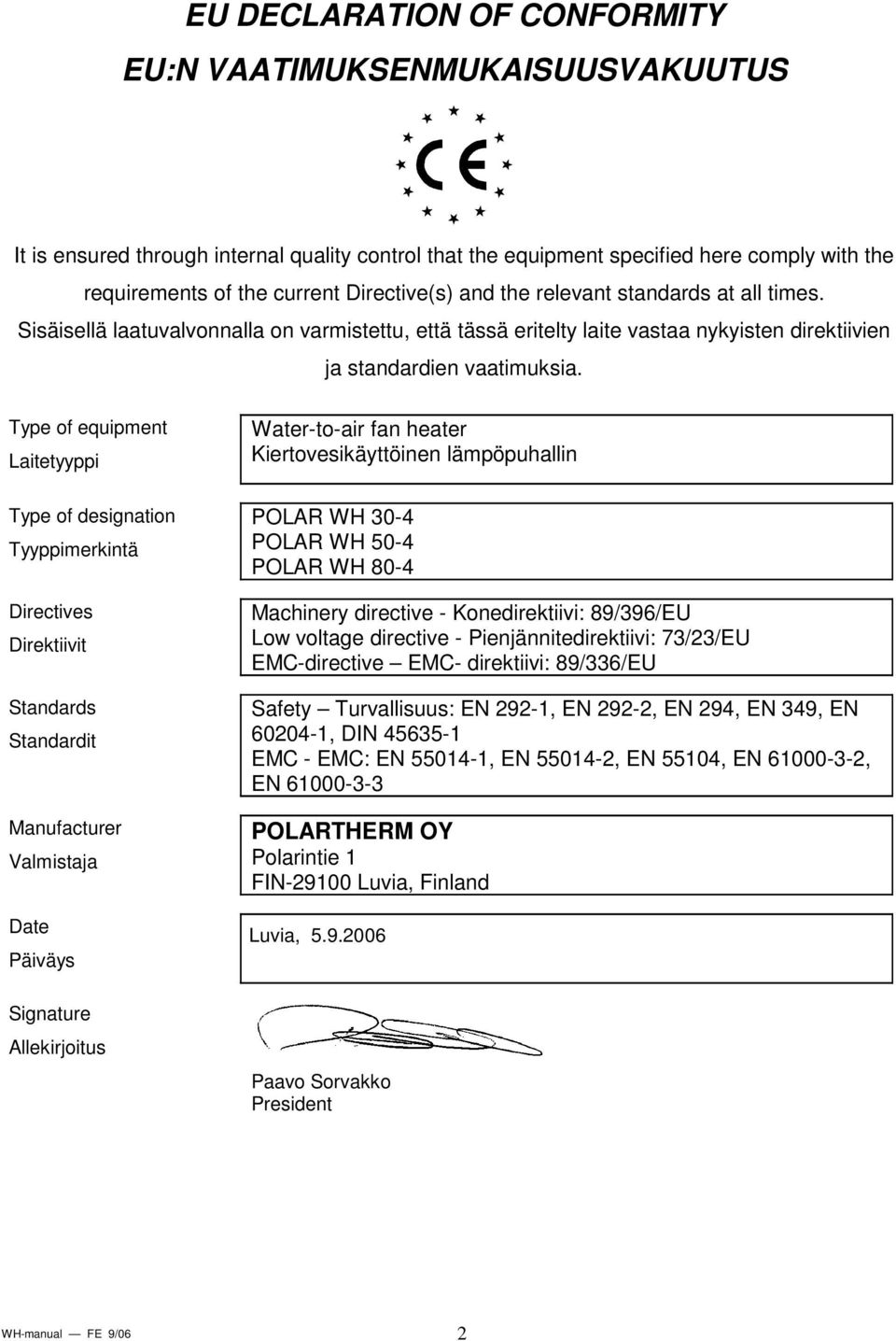 Type of equipment Laitetyyppi Type of designation Tyyppimerkintä Directives Direktiivit Standards Standardit Manufacturer Valmistaja Date Päiväys Signature Allekirjoitus Water-to-air fan heater