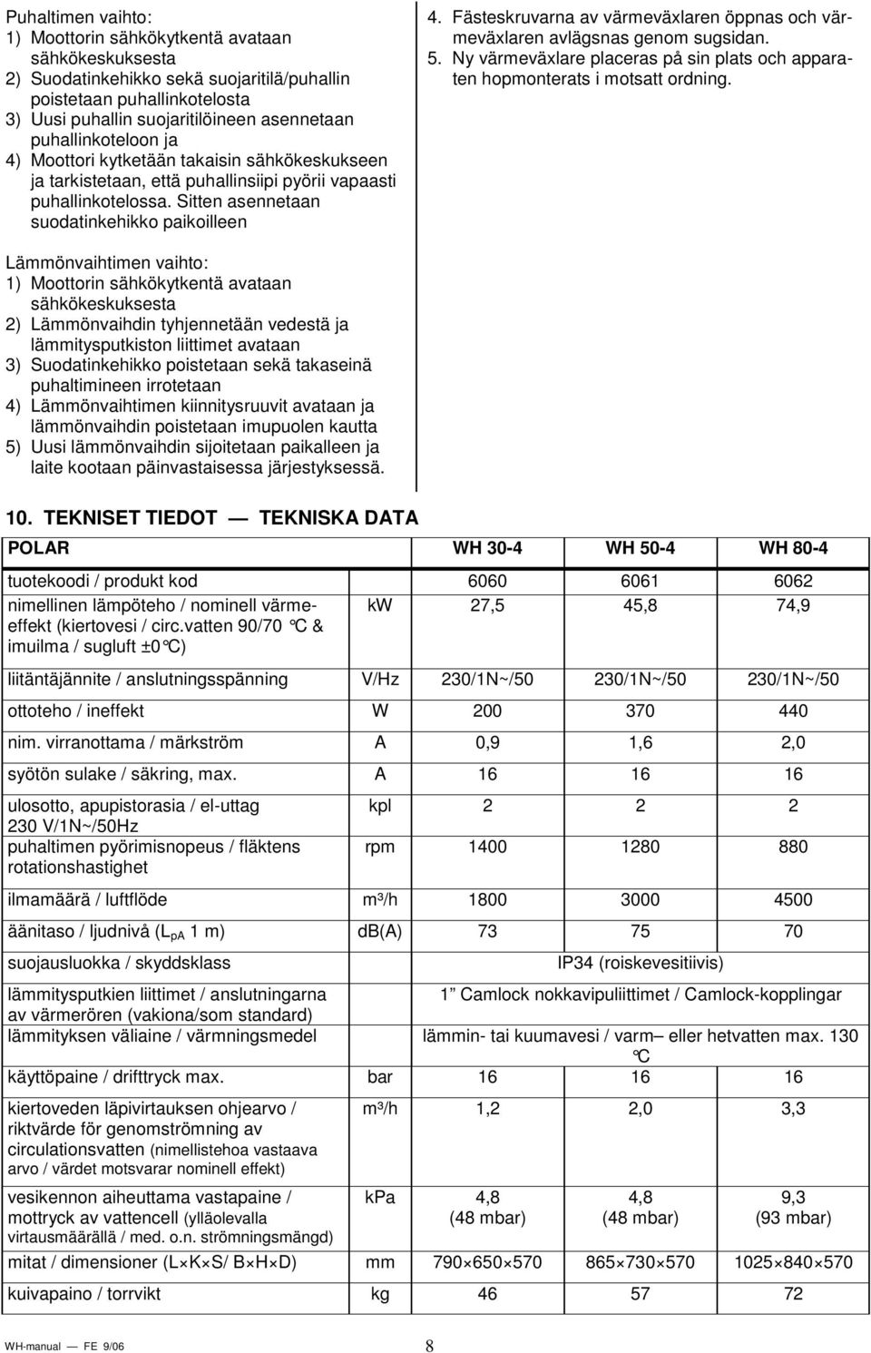 Fästeskruvarna av värmeväxlaren öppnas och värmeväxlaren avlägsnas genom sugsidan. 5. Ny värmeväxlare placeras på sin plats och apparaten hopmonterats i motsatt ordning.