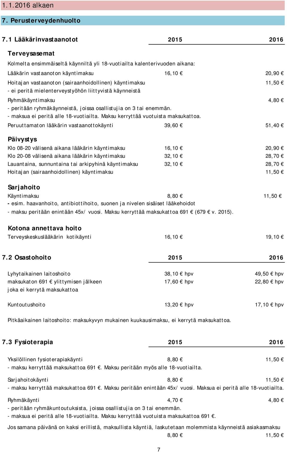 (sairaanhoidollinen) käyntimaksu 11,50 ei peritä mielenterveystyöhön liittyvistä käynneistä Ryhmäkäyntimaksu 4,80 peritään ryhmäkäynneistä, joissa osallistujia on 3 tai enemmän.