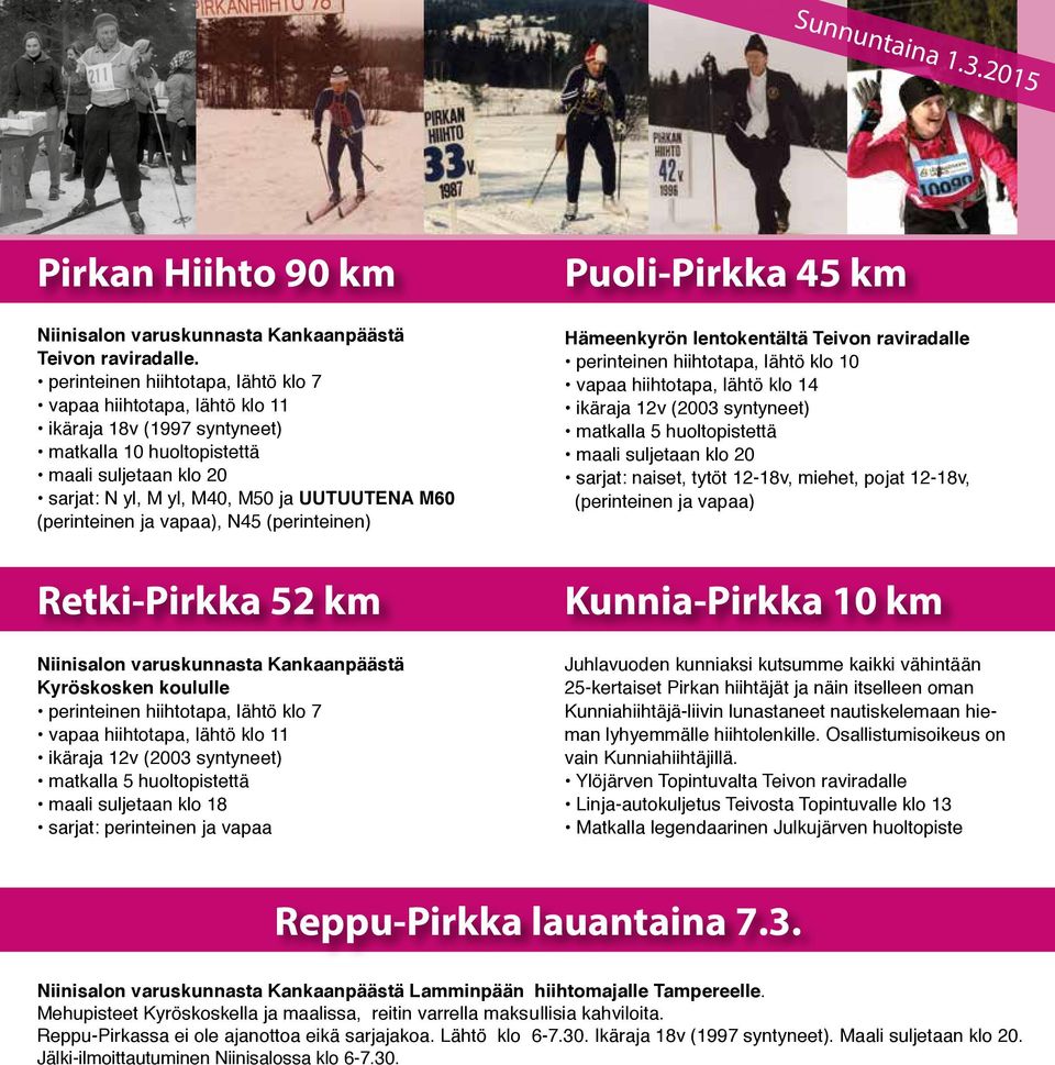(perinteinen ja vapaa), N45 (perinteinen) Puoli-Pirkka 45 km Hämeenkyrön lentokentältä Teivon raviradalle perinteinen hiihtotapa, lähtö klo 10 vapaa hiihtotapa, lähtö klo 14 ikäraja 12v (2003