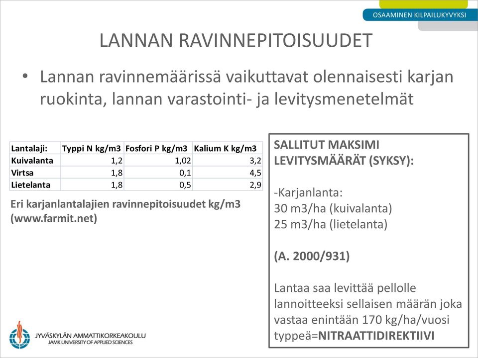 karjanlantalajien ravinnepitoisuudet kg/m3 (www.farmit.