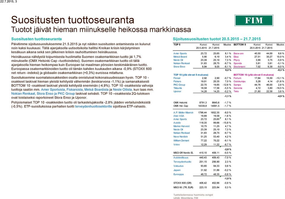 Tällä ajanjaksolla uutisotsikoita hallitsi Kreikan kriisin kärjistyminen kesäkuun aikana sekä sen jälkeinen kriisin rauhoittuminen heinäkuussa.