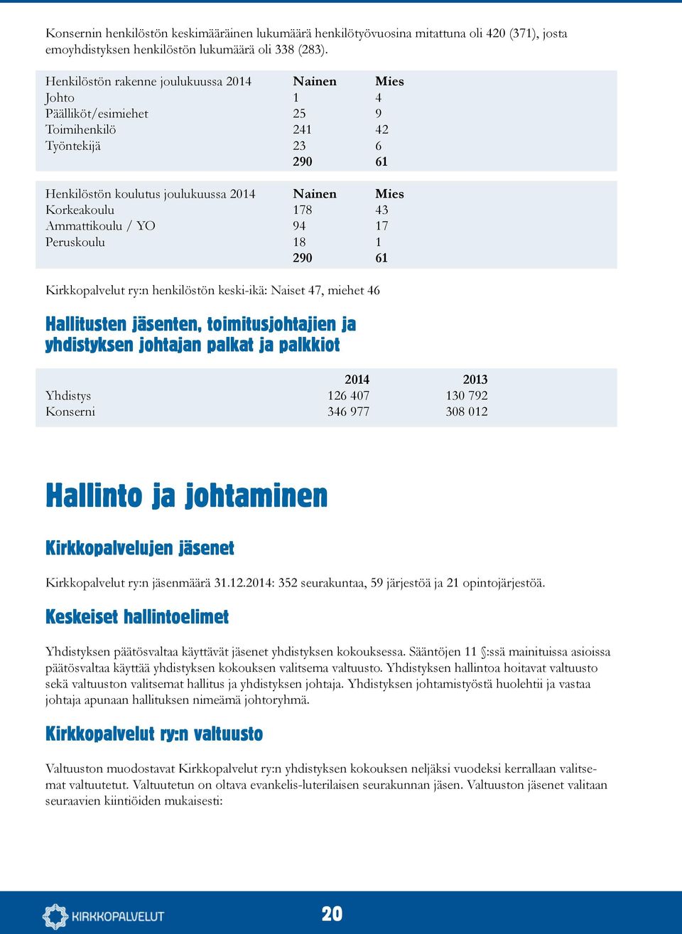 Ammattikoulu / YO 94 17 Peruskoulu 18 1 290 61 Kirkkopalvelut ry:n henkilöstön keski-ikä: Naiset 47, miehet 46 Hallitusten jäsenten, toimitusjohtajien ja yhdistyksen johtajan palkat ja palkkiot 2014