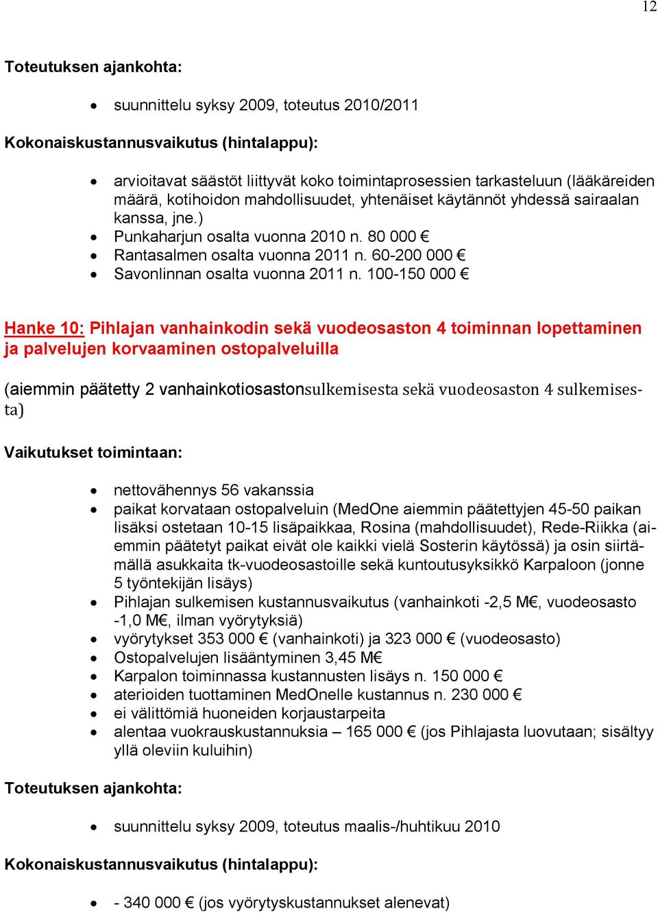 100-150 000 Hanke 10: Pihlajan vanhainkodin sekä vuodeosaston 4 toiminnan lopettaminen ja palvelujen korvaaminen ostopalveluilla (aiemmin päätetty 2 vanhainkotiosastonsulkemisesta sekä vuodeosaston 4