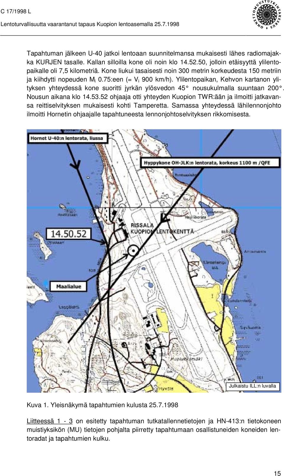 Ylilentopaikan, Kehvon kartanon ylityksen yhteydessä kone suoritti jyrkän ylösvedon 45 nousukulmalla suuntaan 200. Nousun aikana klo 14.53.