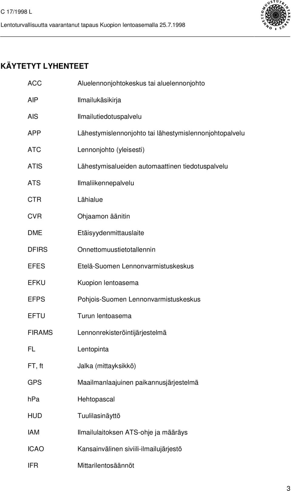 äänitin Etäisyydenmittauslaite Onnettomuustietotallennin Etelä-Suomen Lennonvarmistuskeskus Kuopion lentoasema Pohjois-Suomen Lennonvarmistuskeskus Turun lentoasema