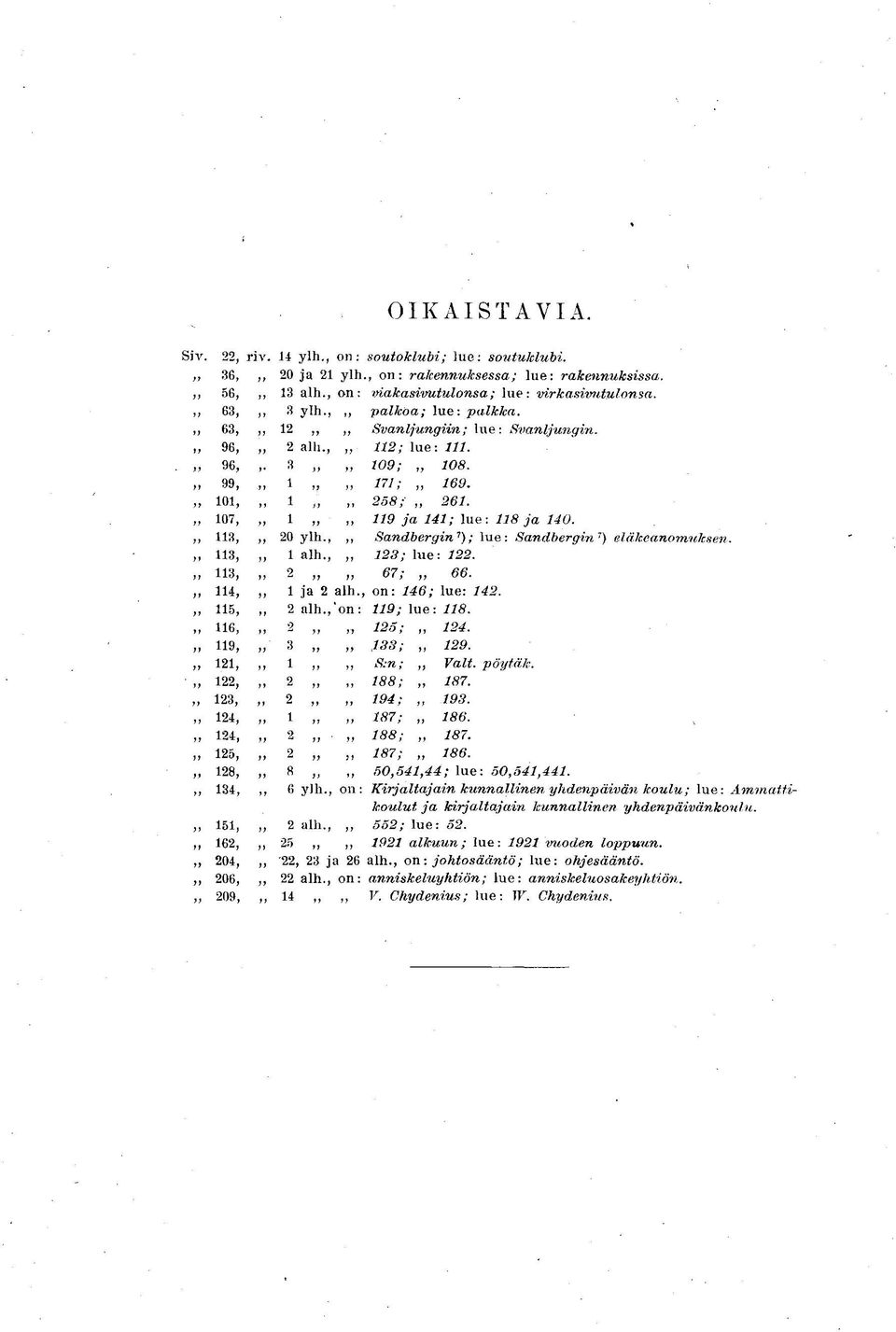 » 113, 20 ylh., Sandbergin 1 ); lue: Sandbergin 7 ) eläkeanomuksen. 113, 1 alh., 12S ; lue: 122. H3, 2, 67 ; 66. 114, 1 ja 2 alh., on: 146; lue: 142. 115, 2 alh., 'on: 119 lue: 118.,, 116, 2 125 124.