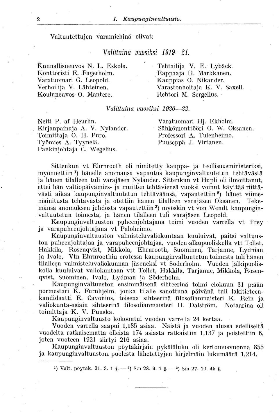 Kirjanpainaja A. V. Nylander. Toimittaja O. H. Puro. Työmies A. Tyynelä. Pankinjohtaja C. Wegelius. Varatuomari Hj. Ekholm. Sähkömonttööri O. W. Oksanen. Professori A. Tulenheimo.