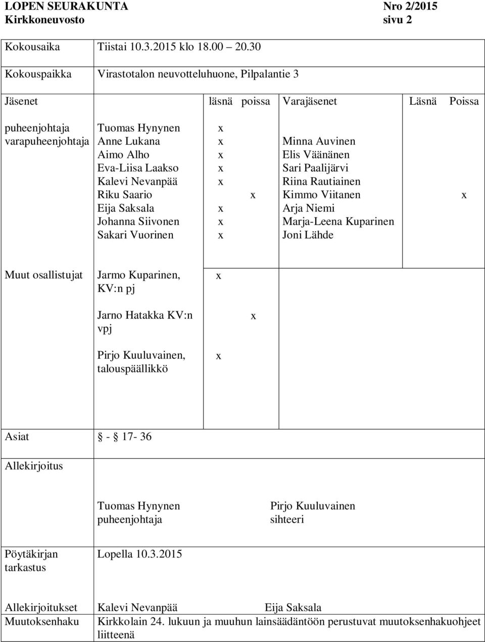 Nevanpää Riku Saario Eija Saksala Johanna Siivonen Sakari Vuorinen Minna Auvinen Elis Väänänen Sari Paalijärvi Riina Rautiainen Kimmo Viitanen Arja Niemi Marja-Leena Kuparinen Joni Lähde Muut