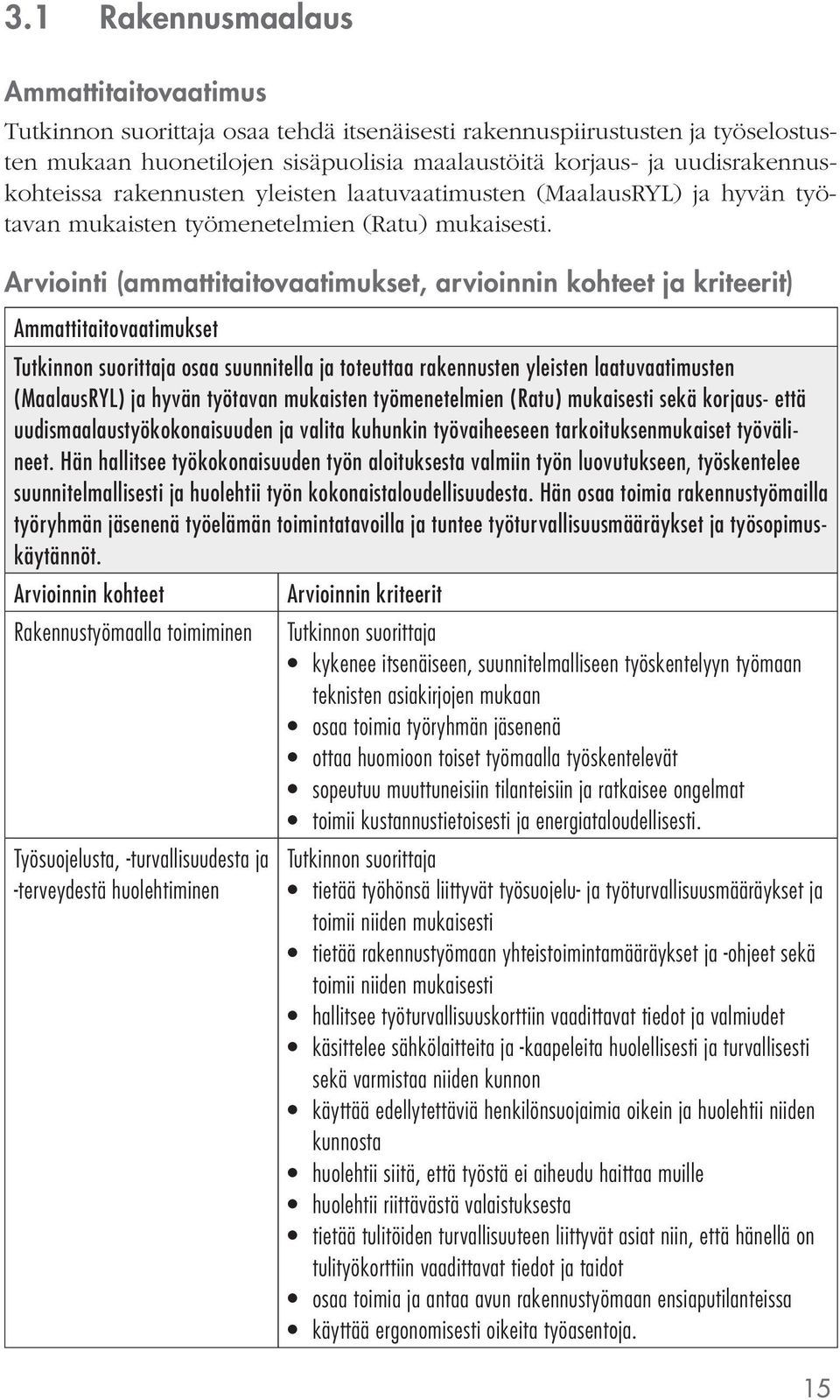 Arviointi (ammattitaitovaatimukset, arvioinnin kohteet ja kriteerit) Ammattitaitovaatimukset osaa suunnitella ja toteuttaa rakennusten yleisten laatuvaatimusten (MaalausRYL) ja hyvän työtavan