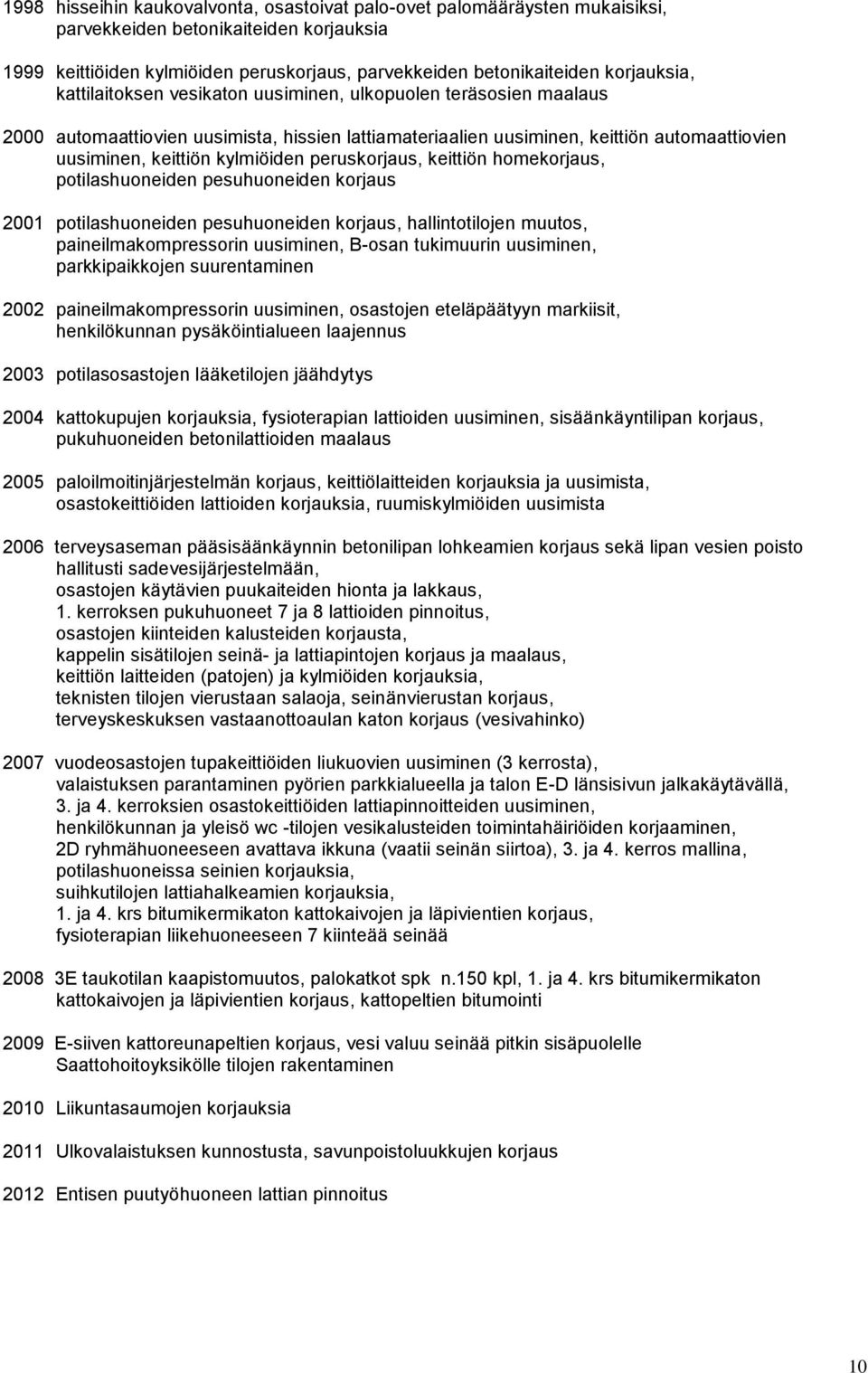 kylmiöiden peruskorjaus, keittiön homekorjaus, potilashuoneiden pesuhuoneiden korjaus 2001 potilashuoneiden pesuhuoneiden korjaus, hallintotilojen muutos, paineilmakompressorin uusiminen, B-osan