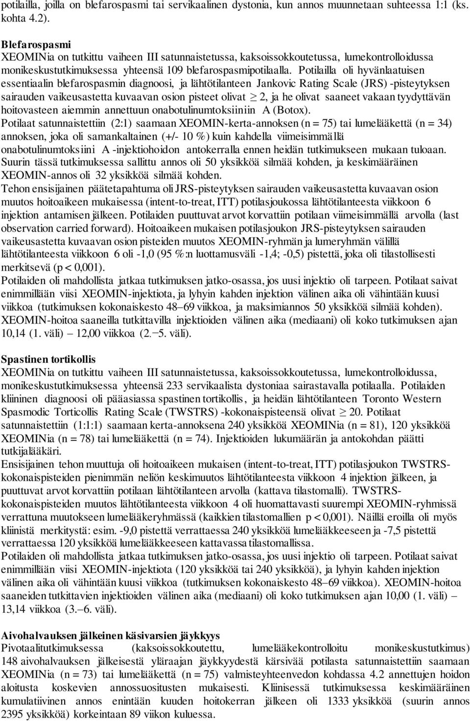 Potilailla oli hyvänlaatuisen essentiaalin blefarospasmin diagnoosi, ja lähtötilanteen Jankovic Rating Scale (JRS) -pisteytyksen sairauden vaikeusastetta kuvaavan osion pisteet olivat 2, ja he olivat