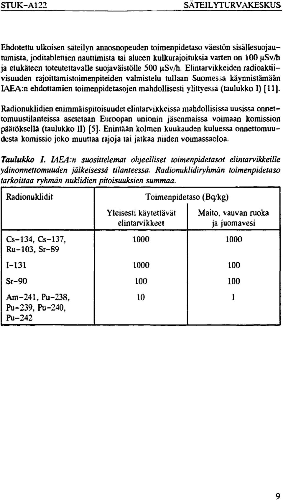 Elintarvikkeiden radioaktiivisuuden rajoittamistoimenpiteiden valmistelu tullaan Suomessa käynnistämään IAEA:n ehdottamien toimenpidetasojen mahdollisesti ylittyessä (taulukko I) [11J.