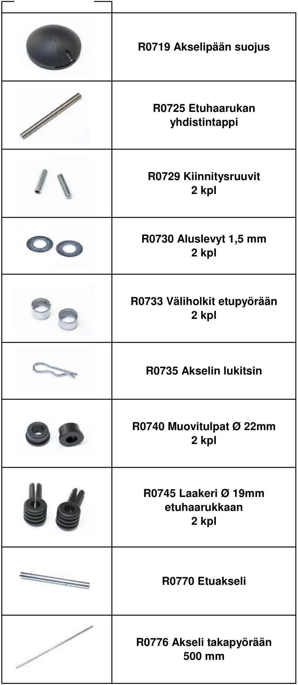 Väliholkit etupyörään R0740 Muovitulpat Ø 22mm R0745