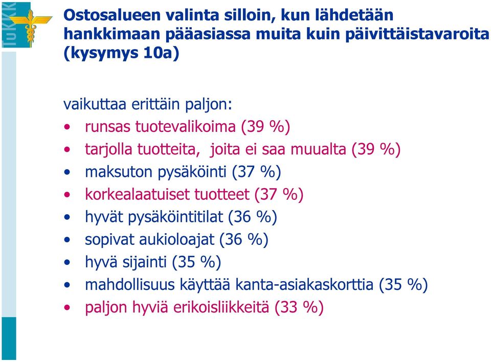 maksuton pysäköinti (37 %) korkealaatuiset tuotteet (37 %) hyvät pysäköintitilat (36 %) sopivat aukioloajat