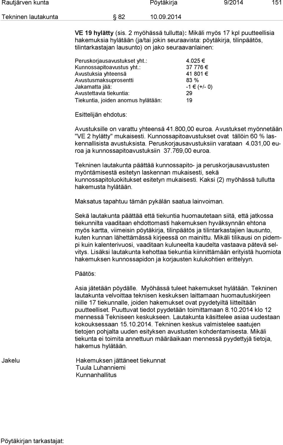 Peruskorjausavustukset yht.: 4.025 Kunnossapitoavustus yht.