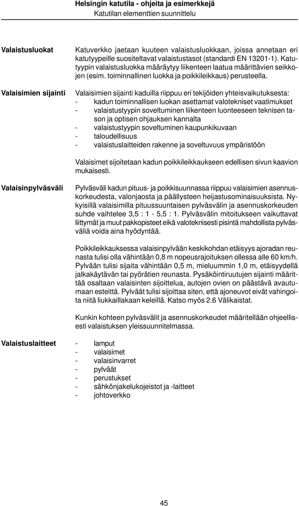Valaisimien sijainti kaduilla riippuu eri tekijöiden yhteisvaikutuksesta: - kadun toiminnallisen luokan asettamat valotekniset vaatimukset - valaistustyypin soveltuminen liikenteen luonteeseen