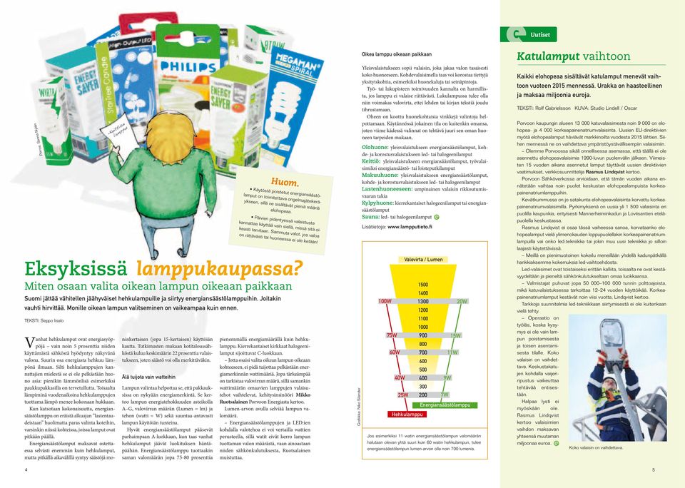 Monille oikean lampun valitseminen on vaikeampaa kuin ennen. TEKSTi: Seppo iisalo Vanhat hehkulamput ovat energiasyöppöjä vain noin 5 prosenttia niiden käyttämästä sähköstä hyödyntyy näkyvänä valona.