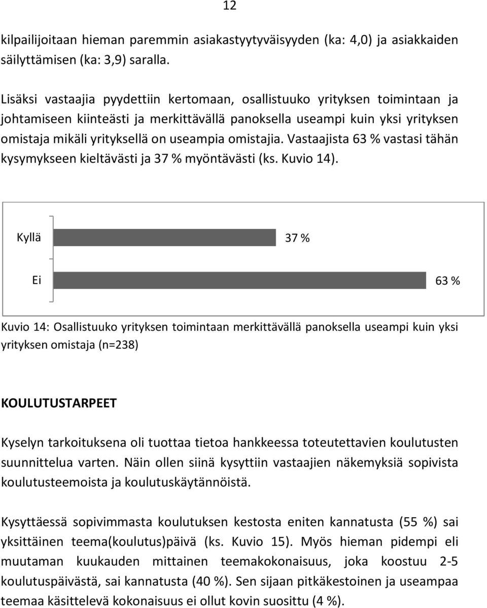 omistajia. Vastaajista 63 % vastasi tähän kysymykseen kieltävästi ja 37 % myöntävästi (ks. Kuvio 14).