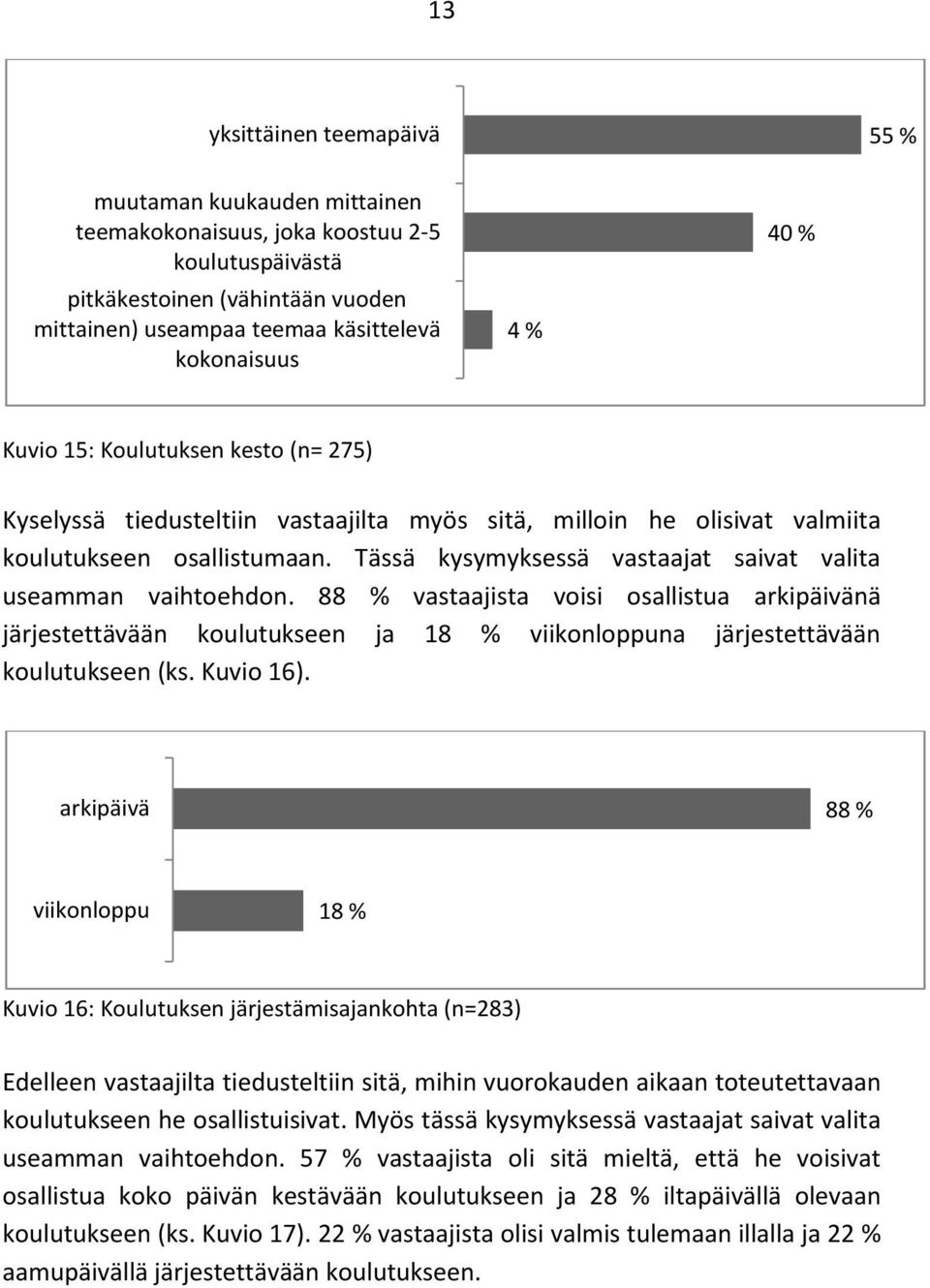 Tässä kysymyksessä vastaajat saivat valita useamman vaihtoehdon. 88 % vastaajista voisi osallistua arkipäivänä järjestettävään koulutukseen ja 18 % viikonloppuna järjestettävään koulutukseen (ks.