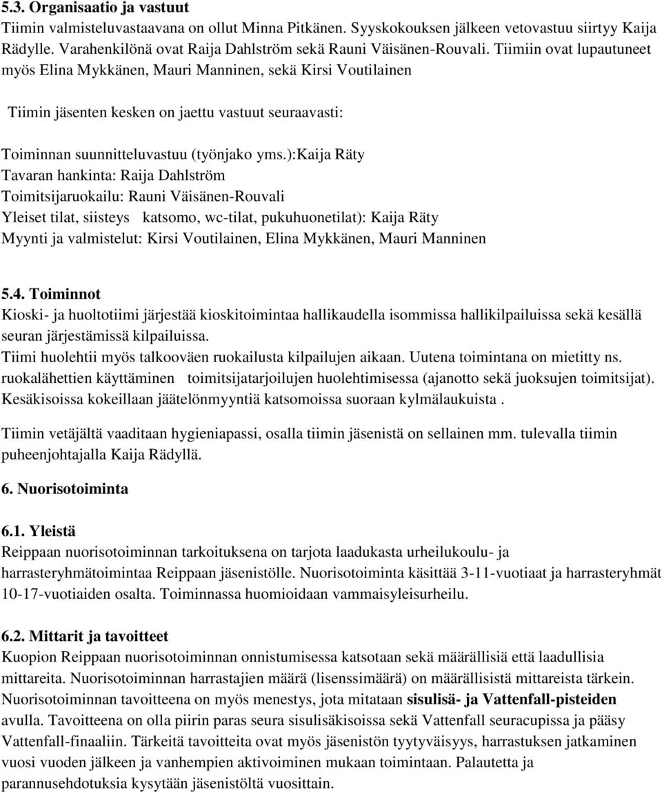 Tiimiin ovat lupautuneet myös Elina Mykkänen, Mauri Manninen, sekä Kirsi Voutilainen Tiimin jäsenten kesken on jaettu vastuut seuraavasti: Toiminnan suunnitteluvastuu (työnjako yms.