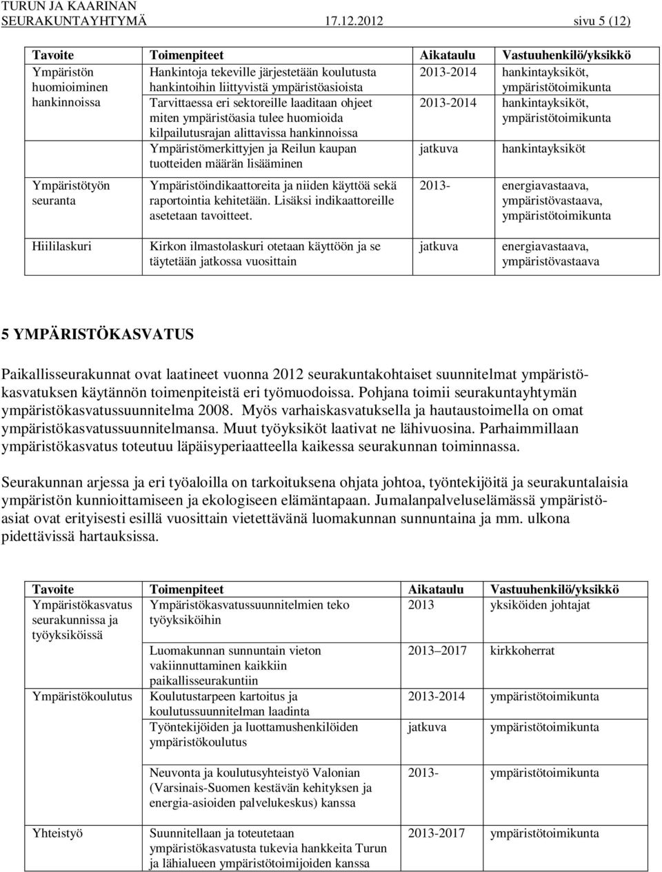 Ympäristötyön seuranta Tarvittaessa eri sektoreille laaditaan ohjeet miten ympäristöasia tulee huomioida kilpailutusrajan alittavissa hankinnoissa Ympäristömerkittyjen ja Reilun kaupan tuotteiden