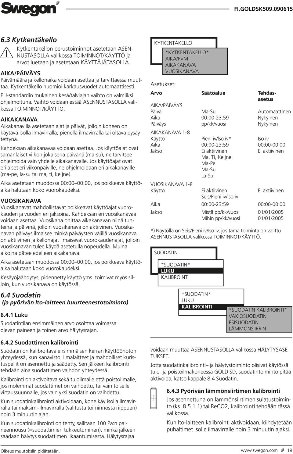 EU-standardin mukainen kesä/talviajan vaihto on valmiiksi ohjelmoituna. Vaihto voidaan estää ASENNUSTASOLLA valikossa TOIMINNOT/KÄYTTÖ.