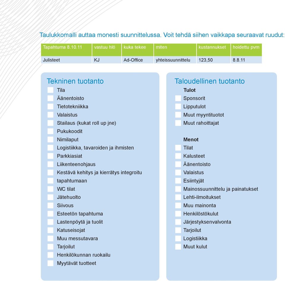 8.11 Tekninen tuotanto Tila Äänentoisto Tietotekniikka Valaistus Stailaus (kukat roll up jne) Pukukoodit Nimilaput Logistiikka, tavaroiden ja ihmisten Parkkiasiat Liikenteenohjaus Kestävä kehitys ja