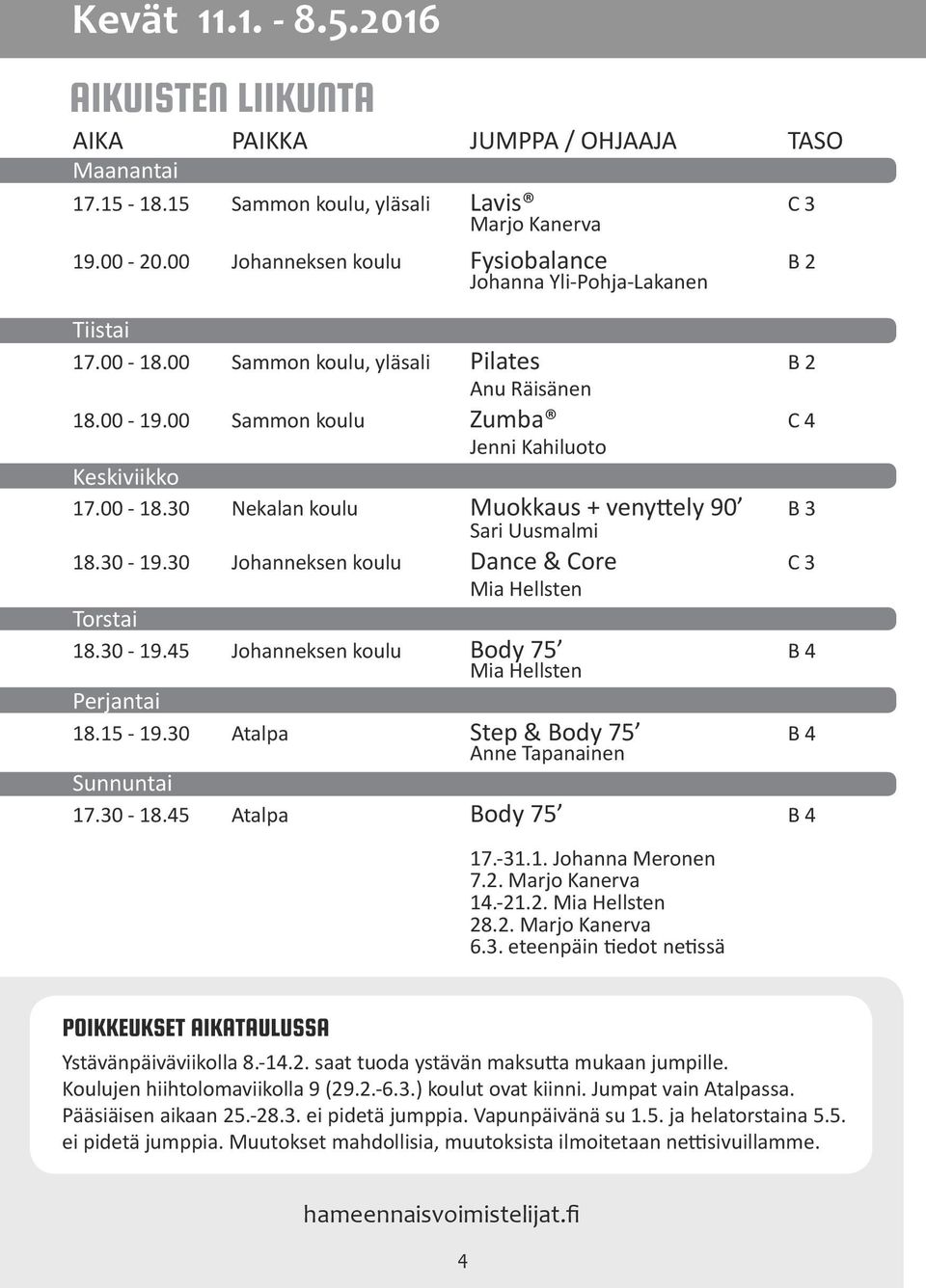 00-18.30 Nekalan koulu Muokkaus + venyttely 90 B 3 Sari Uusmalmi 18.30-19.30 Johanneksen koulu Dance & Core C 3 Mia Hellsten Torstai 18.30-19.45 Johanneksen koulu Body 75 Mia Hellsten B 4 Perjantai 18.